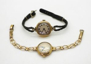 A 9ct gold cased Ladies vintage Omega watch with a rolled gold strap, together with a further ladies