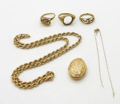 A collection of 9ct, to include a 42cm 9ct gold rope chain,  three (af) rings, a partial chain and