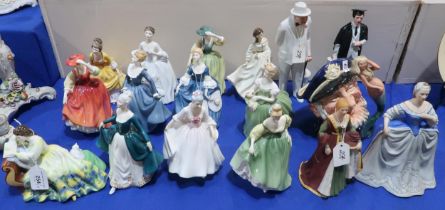 A collection of Royal Doulton figures including Winston Churchill and The Graduate, a character