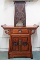 A lot comprising 20th century Chinese hardwood altar cabinet with shaped top over single drawer over