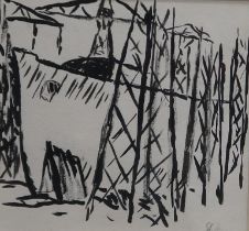 DONALD BAIN (SCOTTISH 1904-1979)  BOAT YARD  Ink on paper, signed lower right, 13.5 x 13.5cm