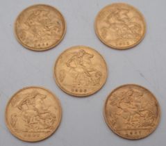 EDWARD VII  a lot comprising five half sovereign coins  1906 4 grams, 1907 4 grams, 1908 4 grams,