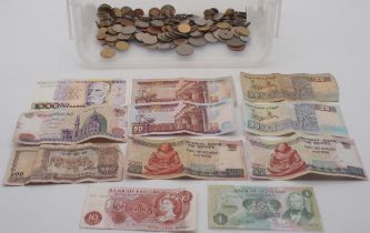 Bank notes with Bank of Scotland £1, Bank of England 10 shillings, Central Bank of Egypt 200 Pounds,