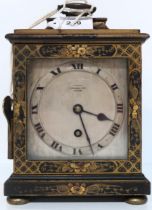 A Japanned lacquer clock with silvered dial, retailed by R Stewart, Glasgow Condition Report:winds