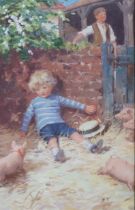 MANNER OF PERCY TARRANT Child with piglets, monogrammed oil on board, 22 x 13cm Condition Report: