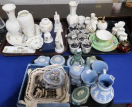 A collection of Wedgwood jasperware items including trinket dishes, pots and covers, a jug etc