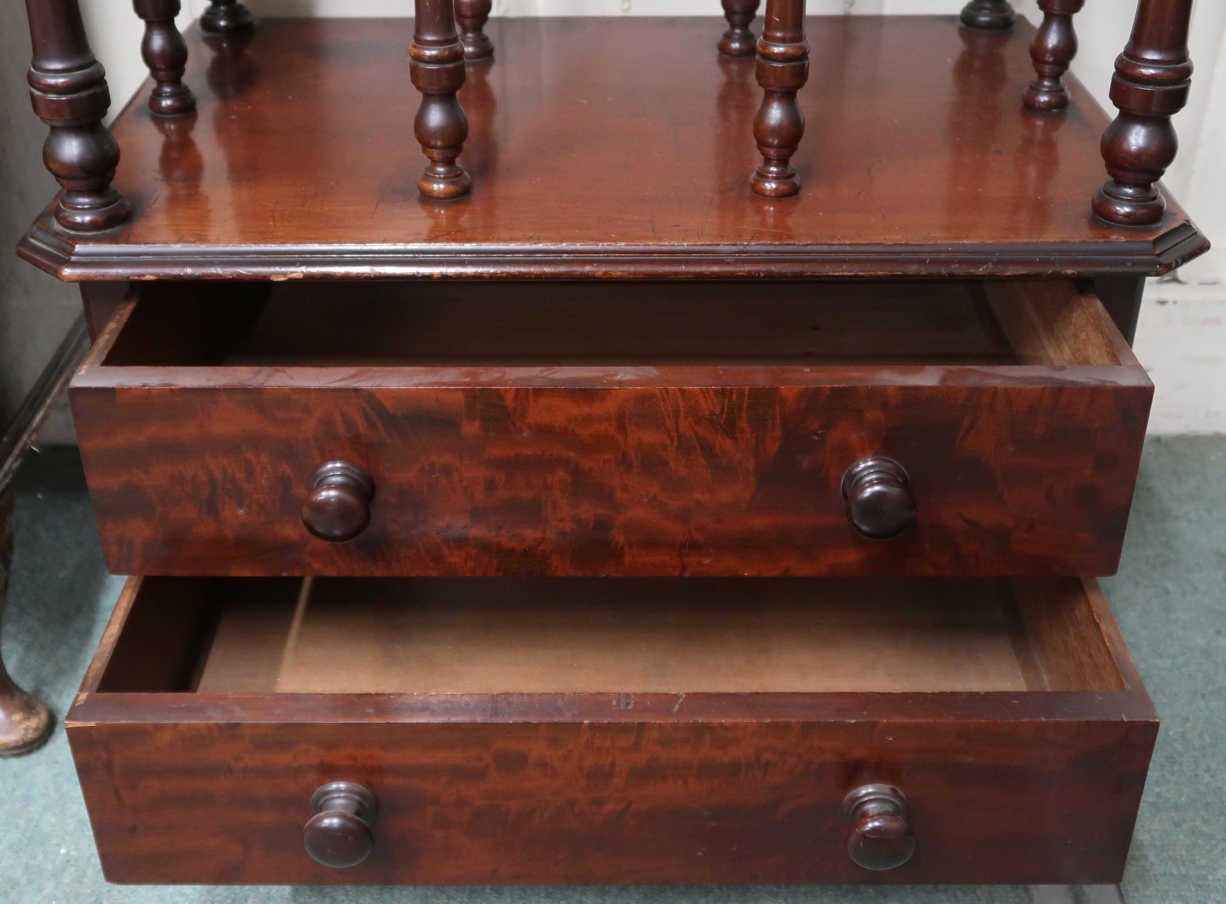 A Victorian mahogany what-not with two open shelves separated buy turned supports over two drawers - Image 2 of 2
