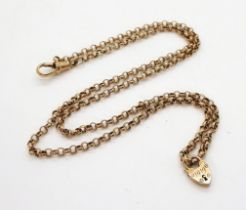 A 9ct rose gold belcher chain with lobster law clasp with heart shaped pendant bearing the