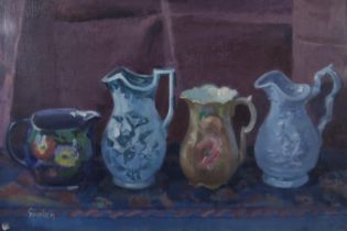 DELNY GOALEN (SCOTTISH 1932-2023)  STILL LIFE WITH JUGS  Oil on canvas, signed lower left, 34 x 39cm