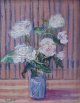 DELNY GOALEN (SCOTTISH 1932-2023)  COTTAGE ROSES  Oil on canvas, signed lower left, 24 x 18cm  Title