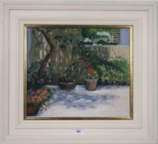 IRENE LESLEY MAIN (SCOTTISH b.1959)  A CORNER OF THE GARDEN, CYPRUS  Oil on board, signed lower