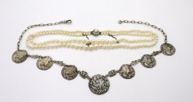 A necklace made from Art Nouveau silver buttons, makers mark John Gilbert, Birmingham 1903, length