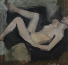 DELNY GOALEN (SCOTTISH 1932-2023)  NUDE ON CHAIR  Oil on board, signed lower right, 25 x 25cm