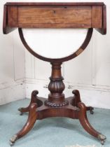 A Victorian mahogany drop end sewing/work table with single drawer over slide hamper on carved