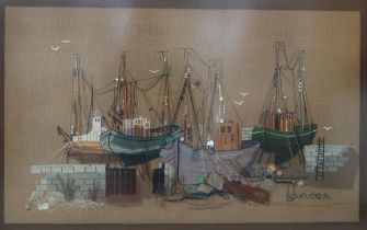 CONTEMPORARY SCHOOL  PORT SCENE  Mixed media, signed lower right 'L.Duncan', 46 x 77cm  Together