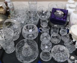 A quantity of cut glass and crystal including milk jug and sugar bowl sets, bowls, vases etc