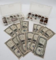 UNITED STATES OF AMERICA coins and banknotes with a $5 bill, $2 dollars bills and $1 dollar bills,