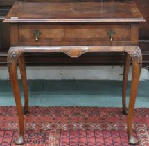 A 19th century walnut veneered single drawer side table on cabriole supports, 75cm high x 77cm