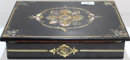 A Jennens and Bettridge papier machie writing slope, with inlaid mother of pearl detail Condition