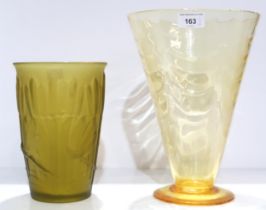 A French opalescent glass vase moulded with dragonflies, together with a a large amber glass vase of