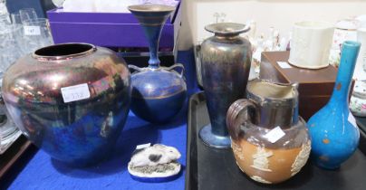 Two lustre glaze vases, one marked ASL, a Chinese turquoise glazed bottle vase, a Staffordshire