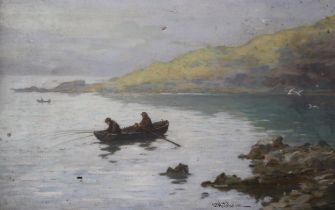 W HUTCHIESON Fishermen off shore, signed, oil on canvas, 36 x 54cm and J.S.HUTTON Coastal landscape,