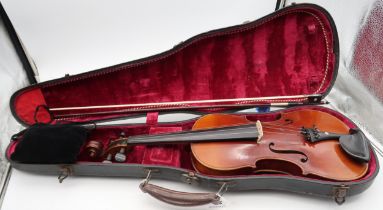 A two piece back violin 35.5cm together with a bow 64 grams with violin case Condition Report: