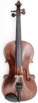 A two piece back violin 35.5cm together with a bow 70 grams and a violin case Condition Report: