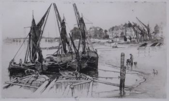 JOSEPH RUSSELL Barges on The Thames, signed, etching, 27 x 44cm and CHARLES WATSON Chelsea, etching,