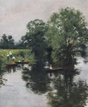 BRITISH SCHOOL Edwardian figures at a lakeside, oil on canvas, 33 x 27cm Condition Report: