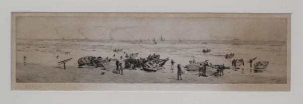 WILLIAM LIONEL WYLLIE RA,RI,RE Beached cobles,signed, etching, 10 x 37cm and Tower Bridge, London,