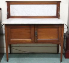 A late Victorian mahogany washstand with marble top and backsplash over pair of cabinet doors, 109cm