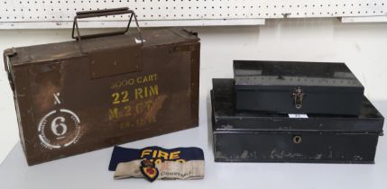 A lot comprising British metal bound ammunition case, special constable and fire guard armbands,