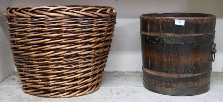 A lot to include an early 20th century coopered log bin, 36cm high x 37cm diameter and a wicker