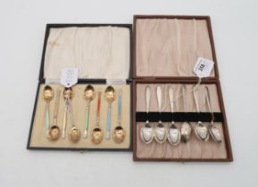 A collection of silver including a cased set of silver gilt harlequin guilloche enamel spoons, by