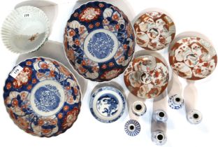 Two oval Imari dishes, blue and white plate, six small Chinese vases etc Condition Report: