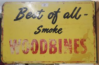 A 20th century double sided "WOODBINES best of all - smoke" enamel advertising sign, 35cm high x
