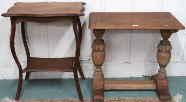 A lot comprising 20th century oak occasional table on baluster supports with sledge feet, 65cm