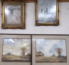 A lot comprising two framed John F Robertson watercolours depicting farm scenes, print of Napoleon
