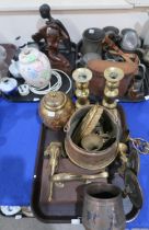 A mounted nut cracker in the form of a fish, an elephant head, brass candlesticks, pottery lampbase,