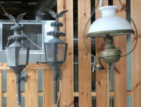 A lot comprising pair of 19th century carriage lamps with eagle surmounts, 79cm high and a Victorian