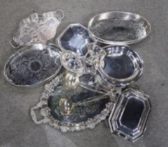 A collection of EPNS including a large twin-handled serving tray, other trays, footed dishes etc