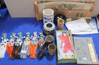 Six Chinese opera masks, assorted pottery, paper cut outs of butterflies, eight padded silk figures,