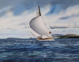 RODERICK LAING Yacht in full sail, signed, watercolour, 45 x 57cm and 2 others by the same hand