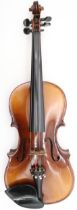 A two piece back violin 35.5cm together with a bow 54 grams and a violin case. Condition Report: