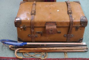 A lot comprising 19th century leather travel trunk with leather capped corners, four assorted