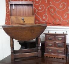 A lot to include 19th century five drawer apprentice chest, mahogany pipe rack and an oak dropleaf
