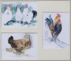 LESLEY FOTHERBY Cockerels and hens, signed, triptych watercolour, and another (2) Condition Report: