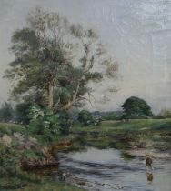 JAMES ELLIOTT SHEARER Two boys paddling in a river, signed, oil on canvas, 50 x 44cm Condition