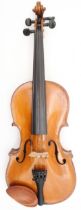 A two piece back violin 32.7cm together with a bow 60grams and a violin case. Condition Report: